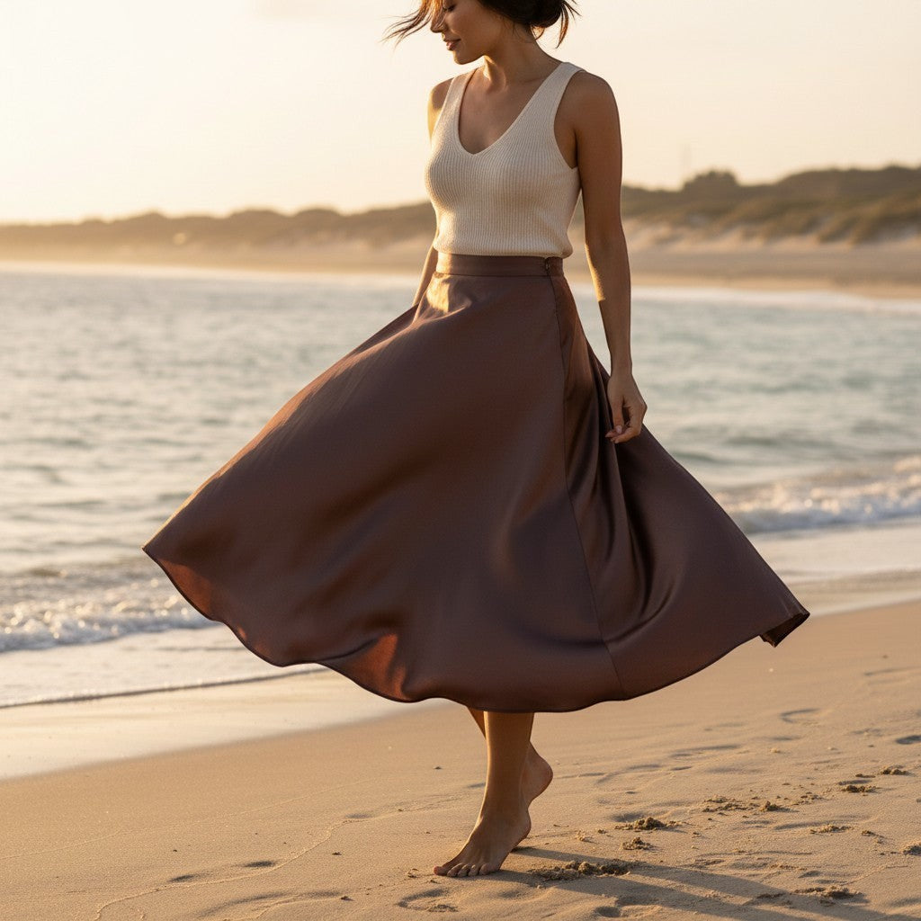 La Vie Continue brown satin midi skirt on a woman walking on the beach at sunset.