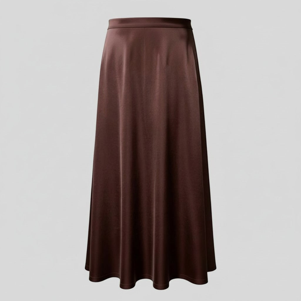 La Vie Continue brown satin midi skirt with a fluid drape and subtle sheen. 100% polyester.