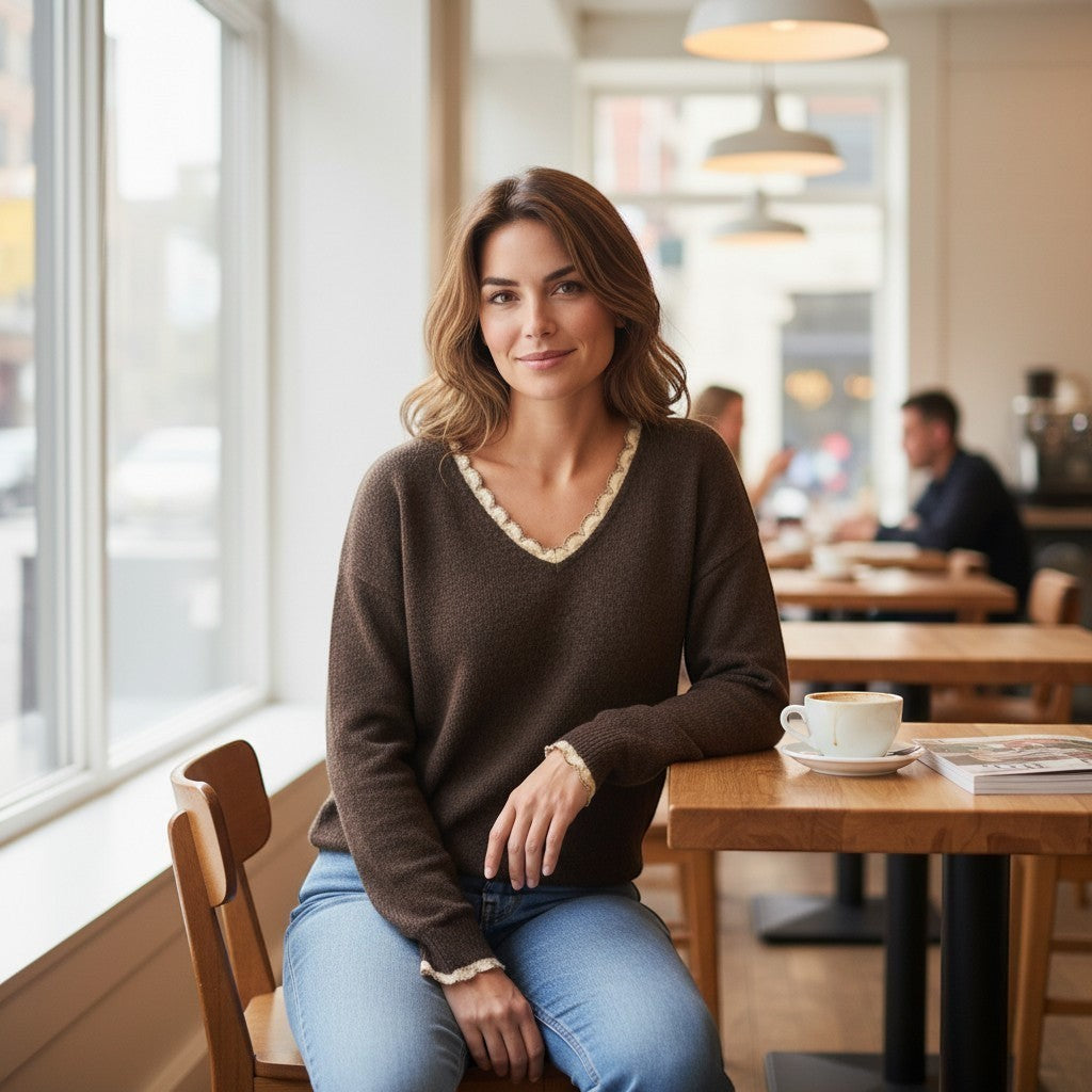La Vie Continue brown V-neck wool blend sweater with crochet trim on neckline and cuffs, worn by a woman in a cafe.