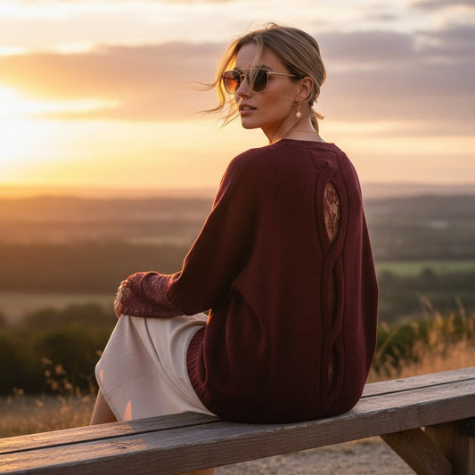 La Vie Continue burgundy knit sweater with lace detail on back, worn by a woman with sunglasses at sunset.