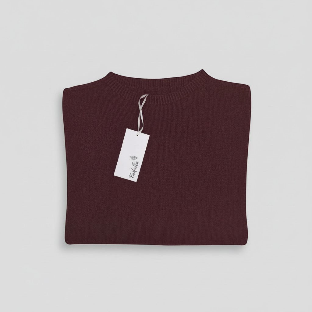 La Vie Continue burgundy knit sweater with lace undershirt detail. Two-piece effect sweater.