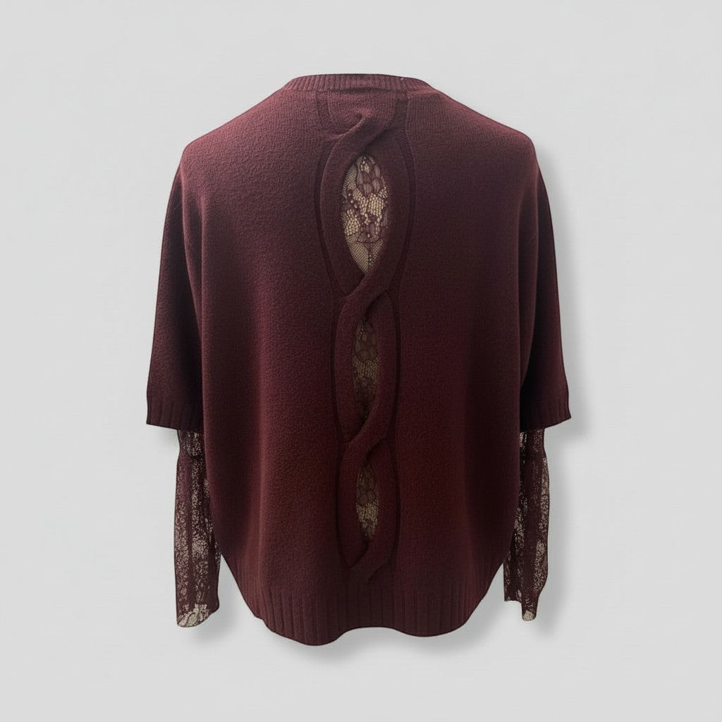 La Vie Continue burgundy knit sweater with lace detail and long lace sleeves, featuring a braided cable knit detail on the back.