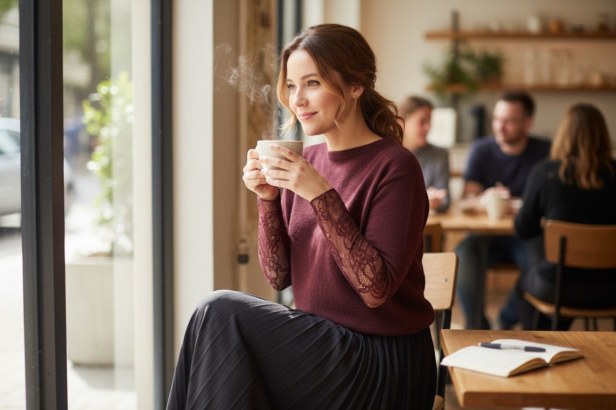 La Vie Continue burgundy knit sweater with lace sleeves, layered over a long-sleeve lace top. Woman holding coffee cup.