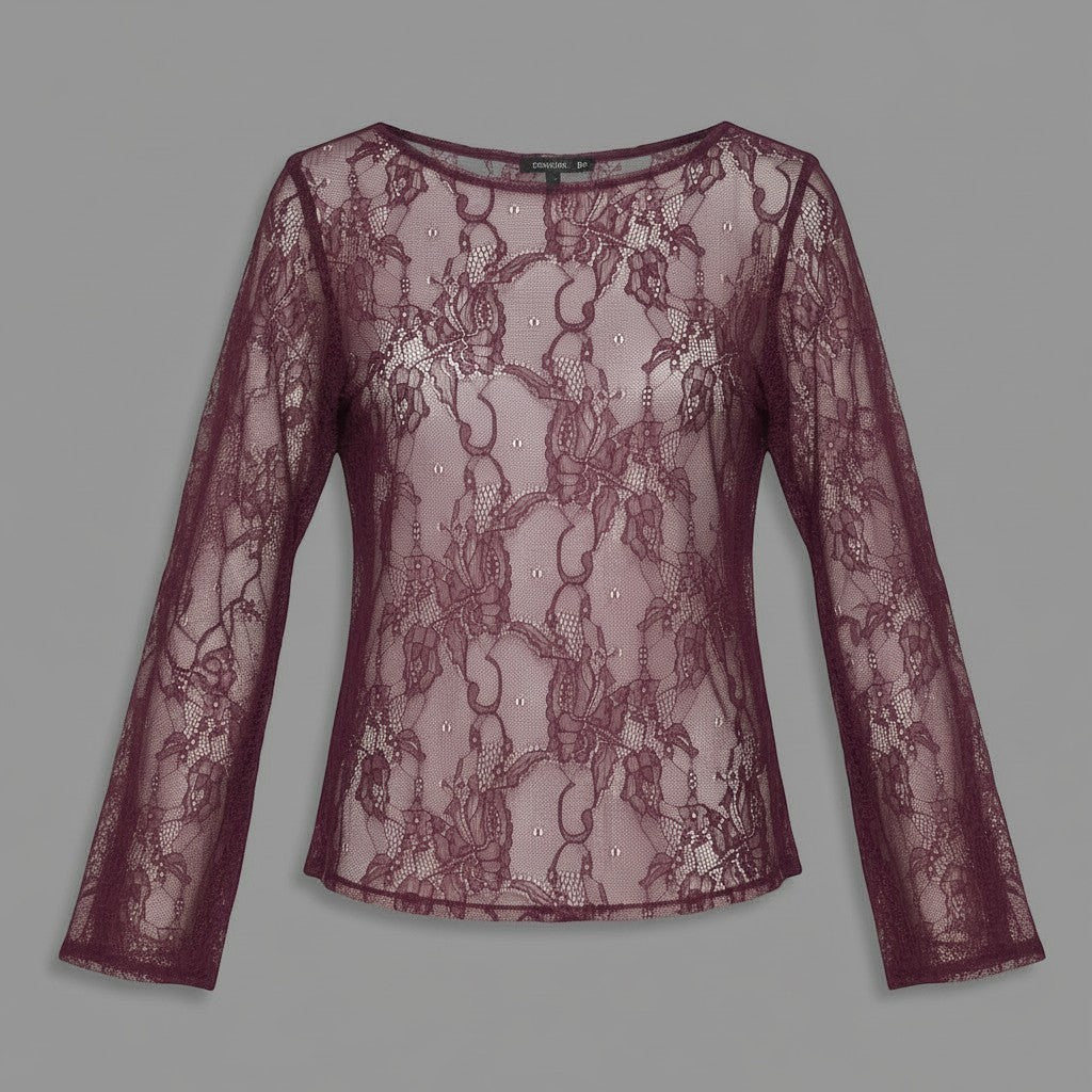 La Vie Continue elegant burgundy lace long sleeve top with a sheer overlay and a scoop neckline.