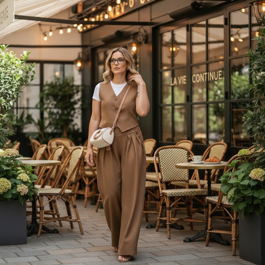 La Vie Continue camel brown wide-leg trousers and matching vest suit on a woman walking outdoors.