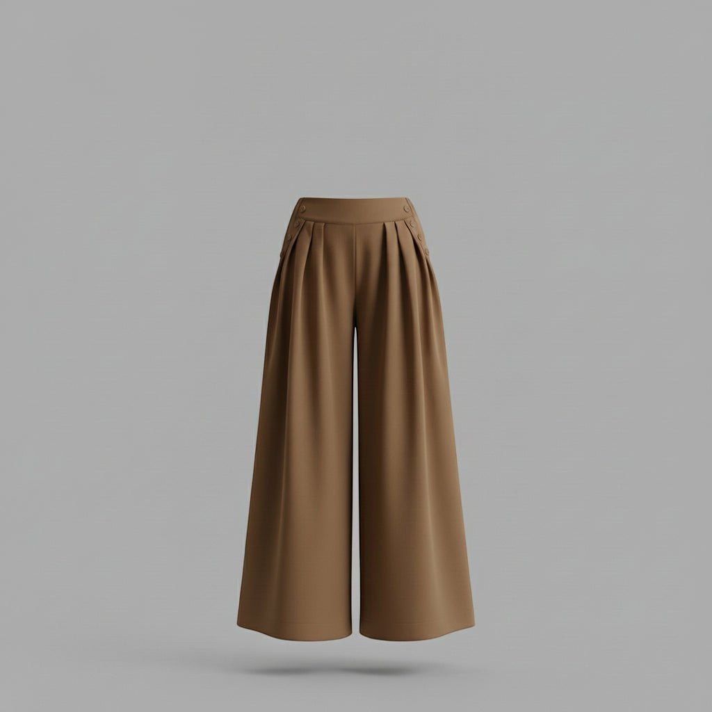 La Vie Continue camel wide-leg palazzo pants in polyester, viscose, and elastane blend with elasticated back waist.