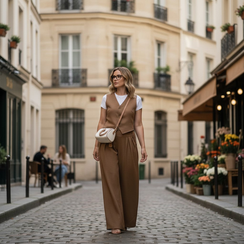 La Vie Continue camel polyester blend wide-leg trousers and waistcoat set on a woman walking in Paris.