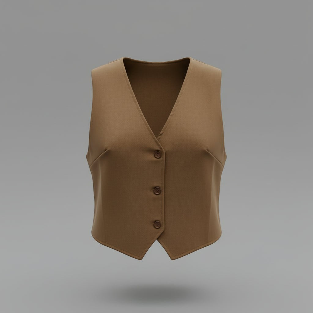 La Vie Continue camel polyester blend vest with V-neck and button front. Modern, tailored fit.