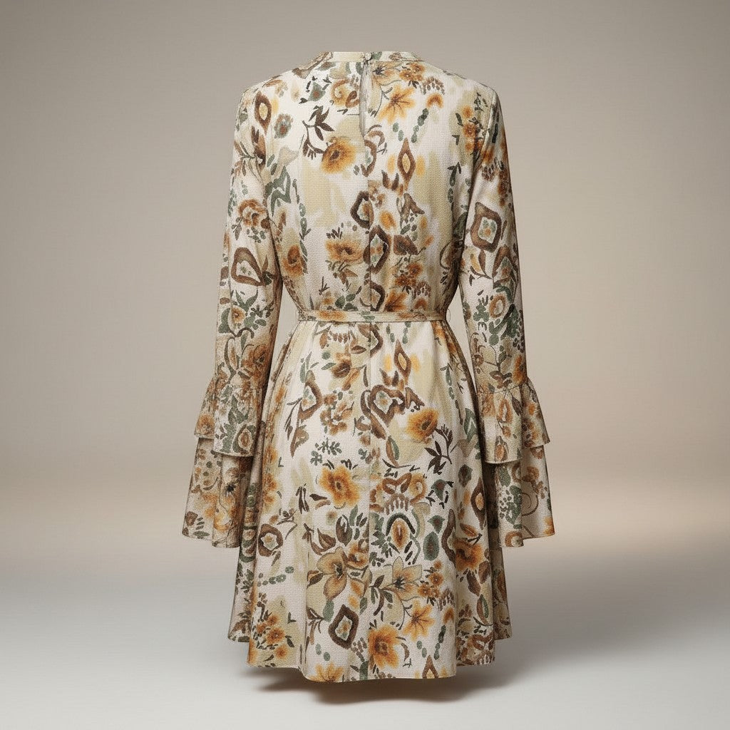 La Vie Continue cream floral print short fluid dress with long flared sleeves and a tie waist.