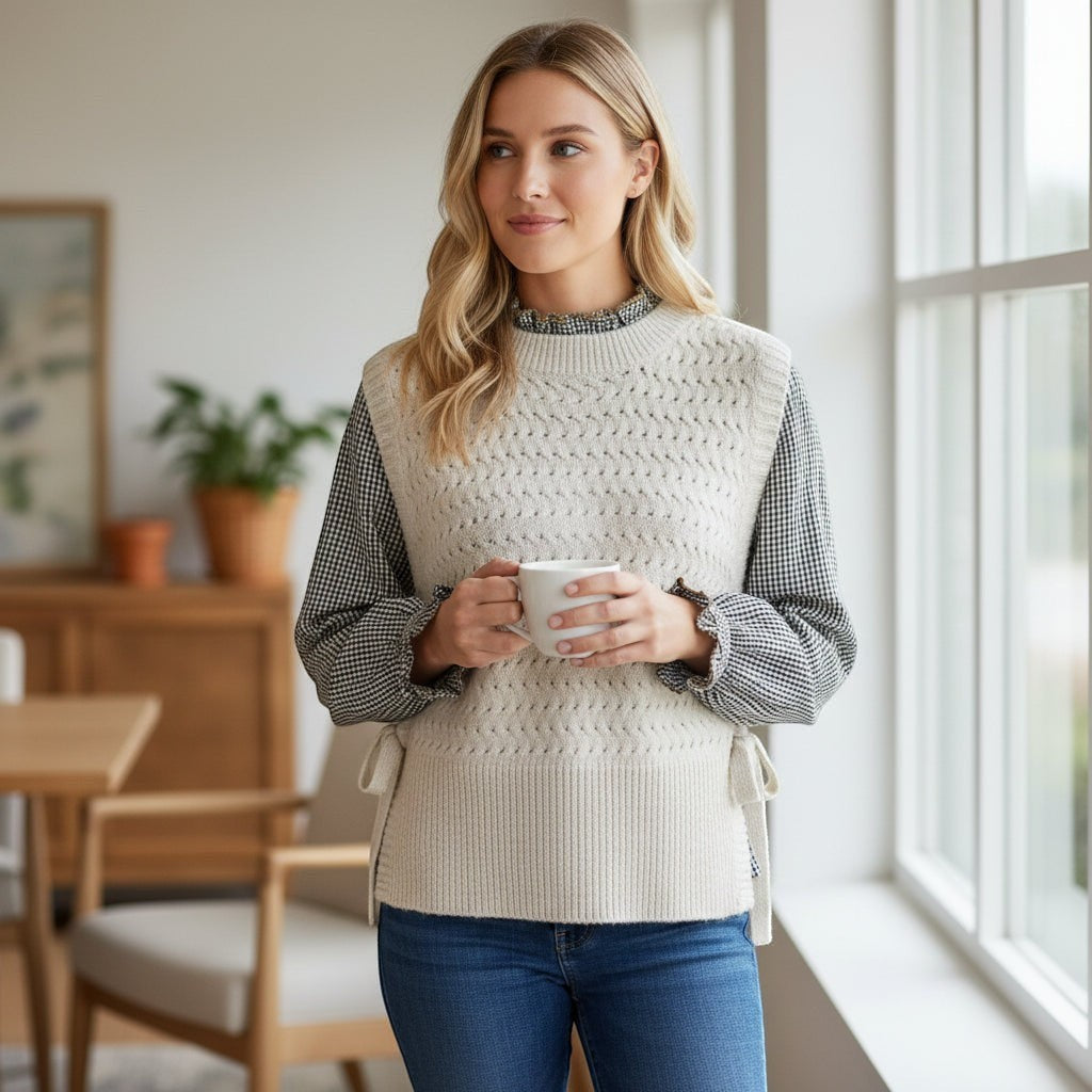 La Vie Continue cream knit sleeveless sweater with tie sides, worn over a black and white checked shirt.