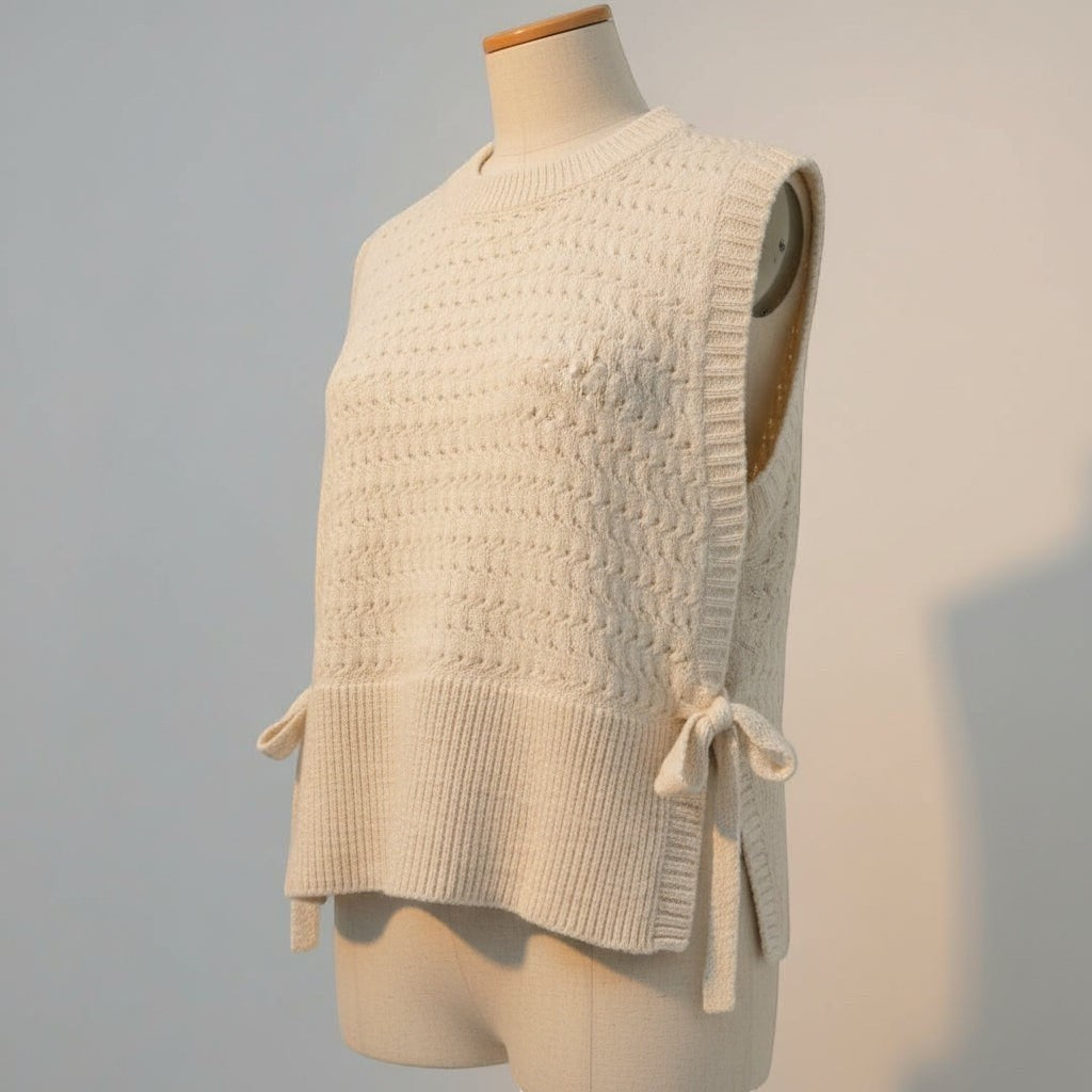 La Vie Continue cream knit sleeveless sweater with crew neck and tie details on the sides. Soft acrylic blend.