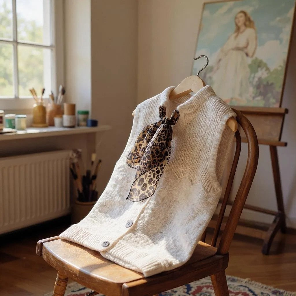 La Vie Continue cream knit vest with leopard print scarf detail, button front, ideal for autumn.