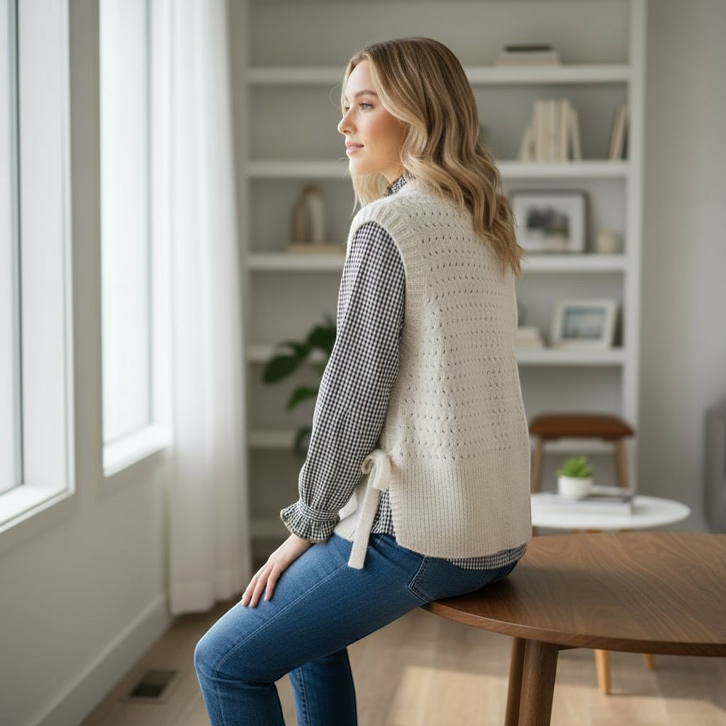 La Vie Continue cream knit vest with tie sides and round neck, worn over a black and white gingham shirt.