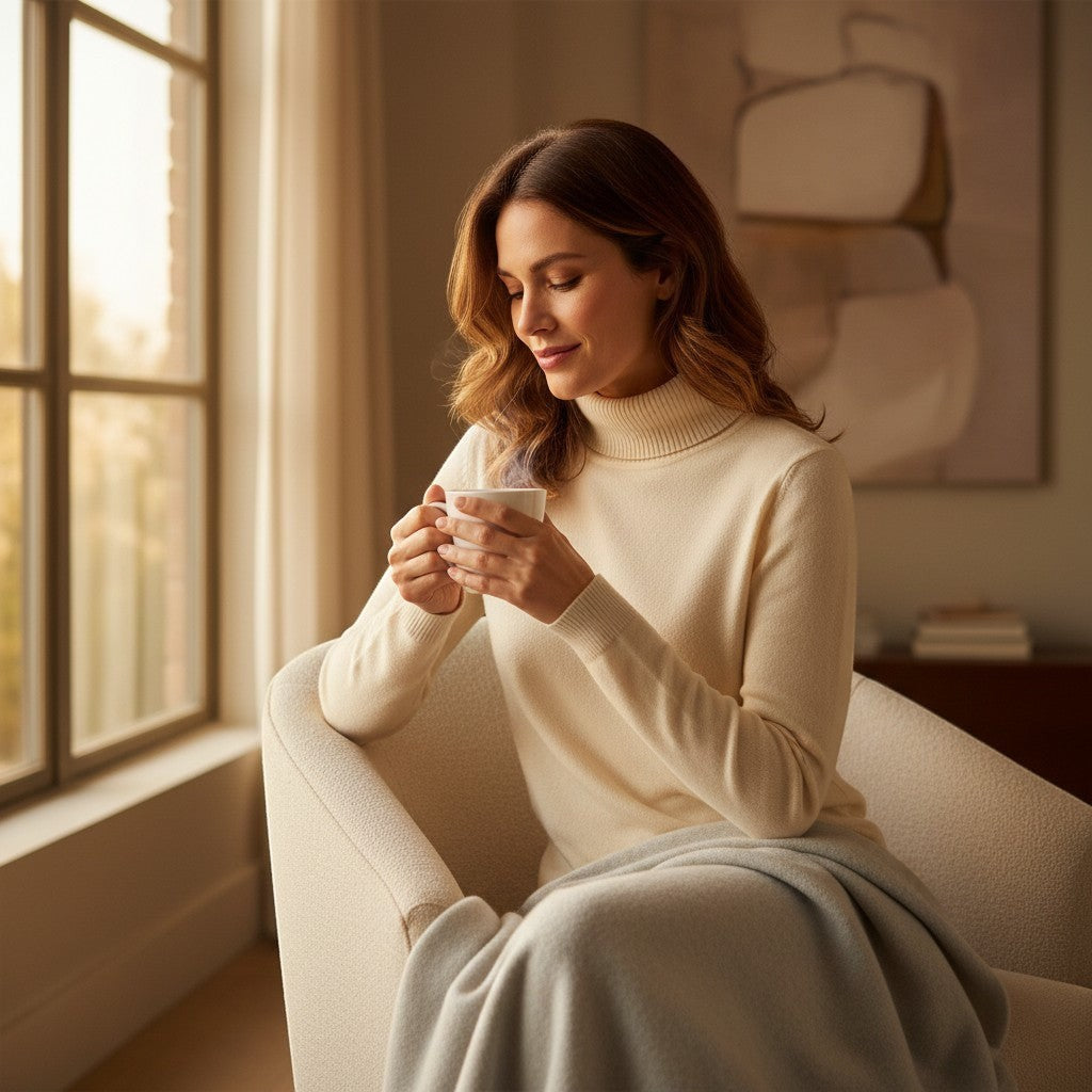 La Vie Continue cream turtleneck sweater made from a soft, comfortable blend of acrylic, polyester, nylon, and viscose. A versatile basic for any wardrobe.