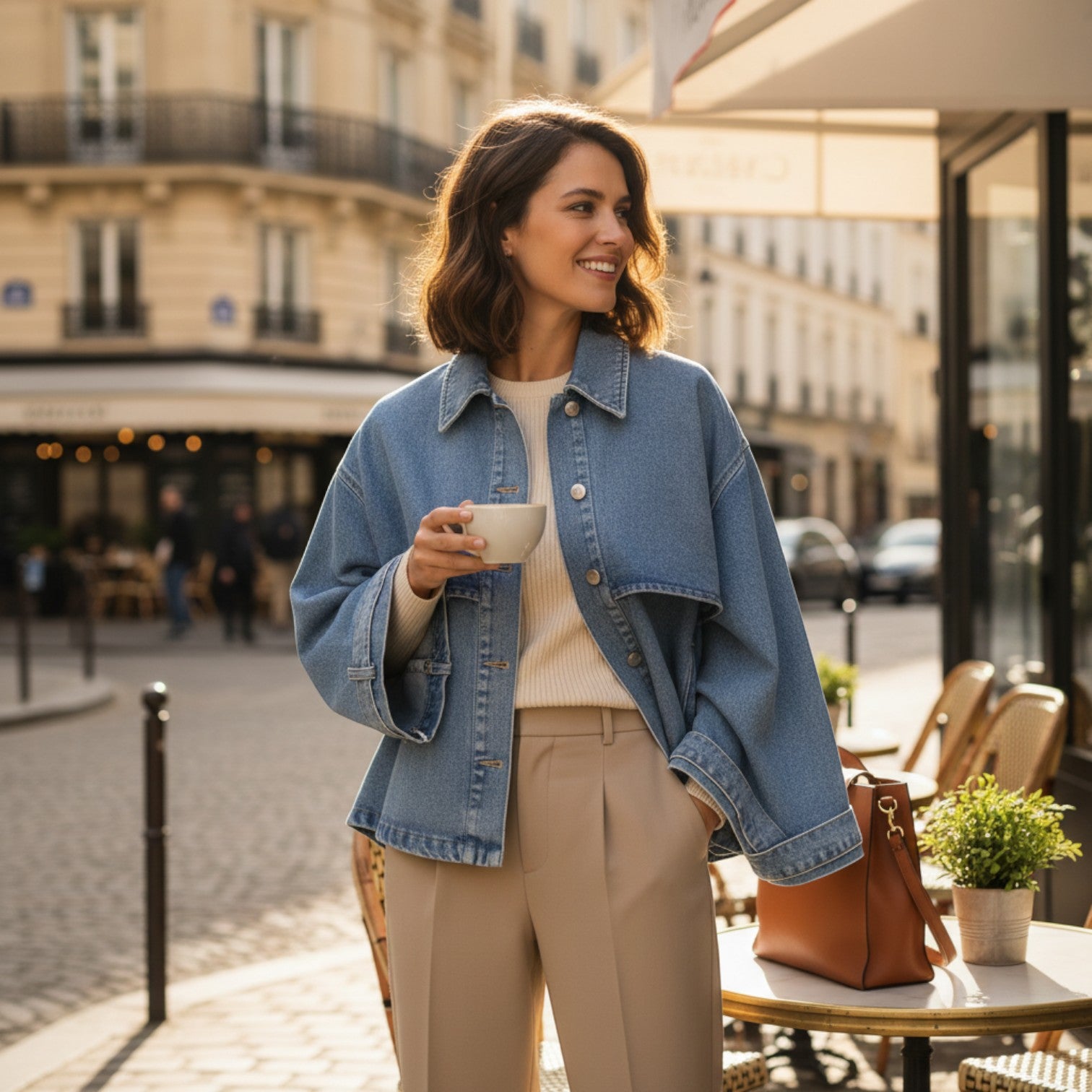 La Vie Continue light wash denim cape jacket with relaxed fit and button-front closure, worn by a woman holding coffee.