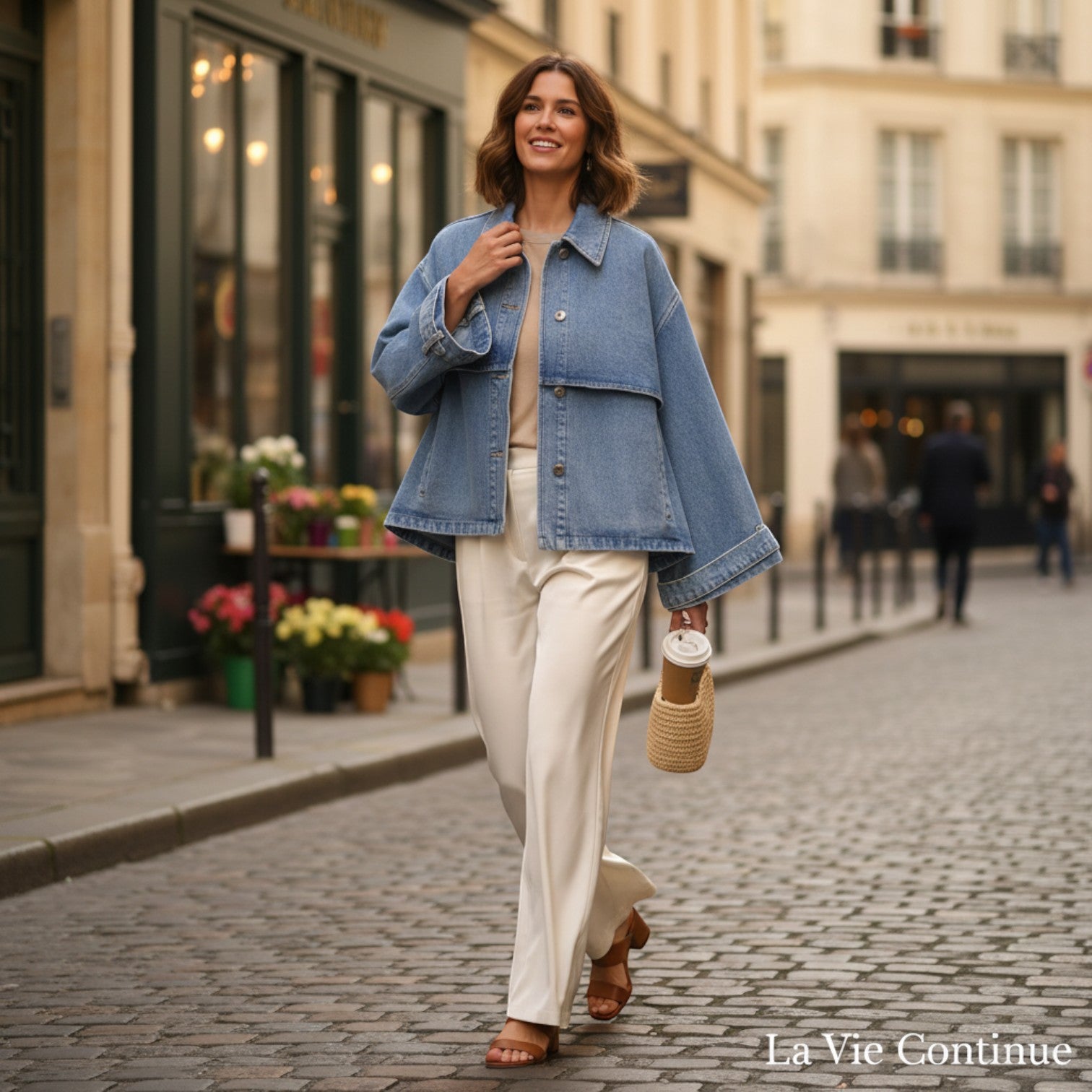 La Vie Continue light wash denim cape jacket with relaxed fit and button-front closure, worn by a woman walking on a cobblestone street.
