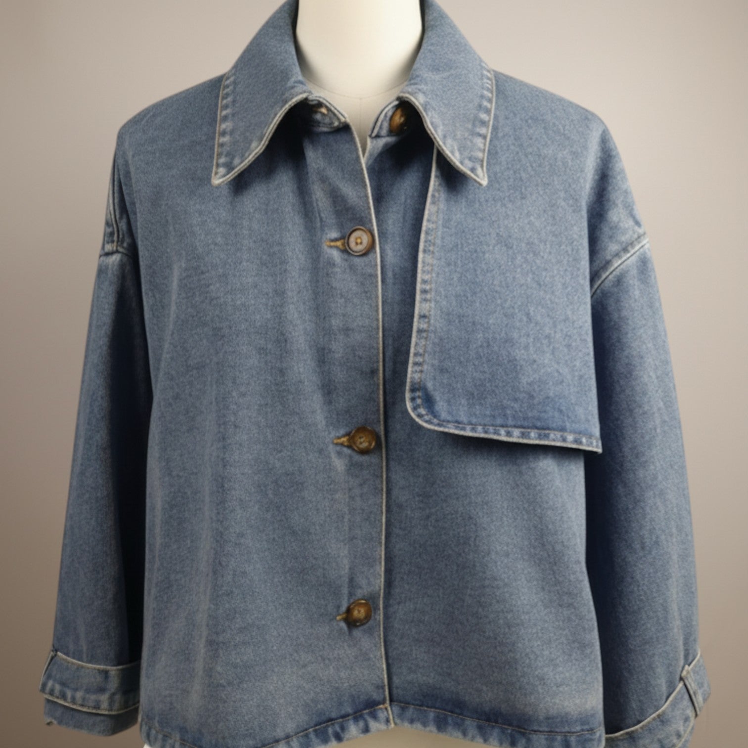 La Vie Continue light wash denim cape jacket with button front and relaxed fit.