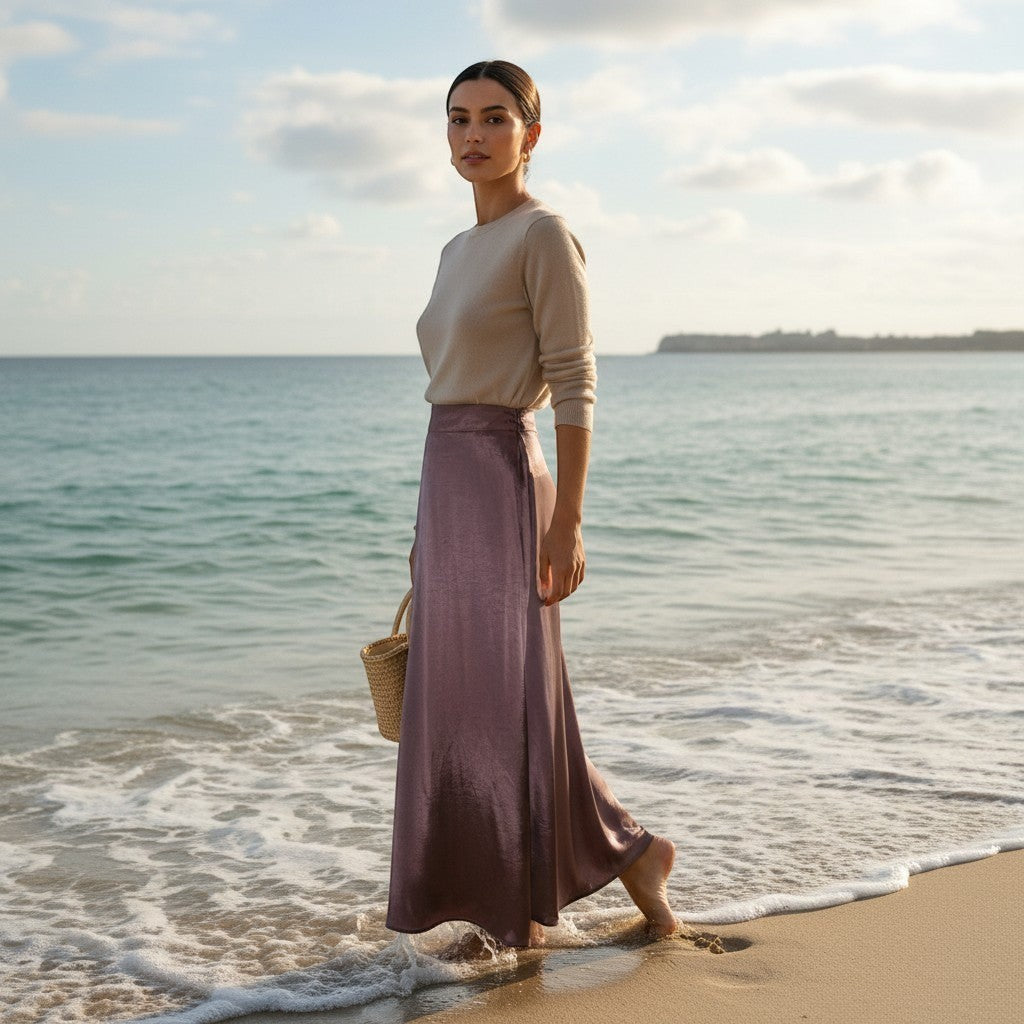 La Vie Continue Emi jo dusty rose satin maxi skirt on a model walking on the beach.