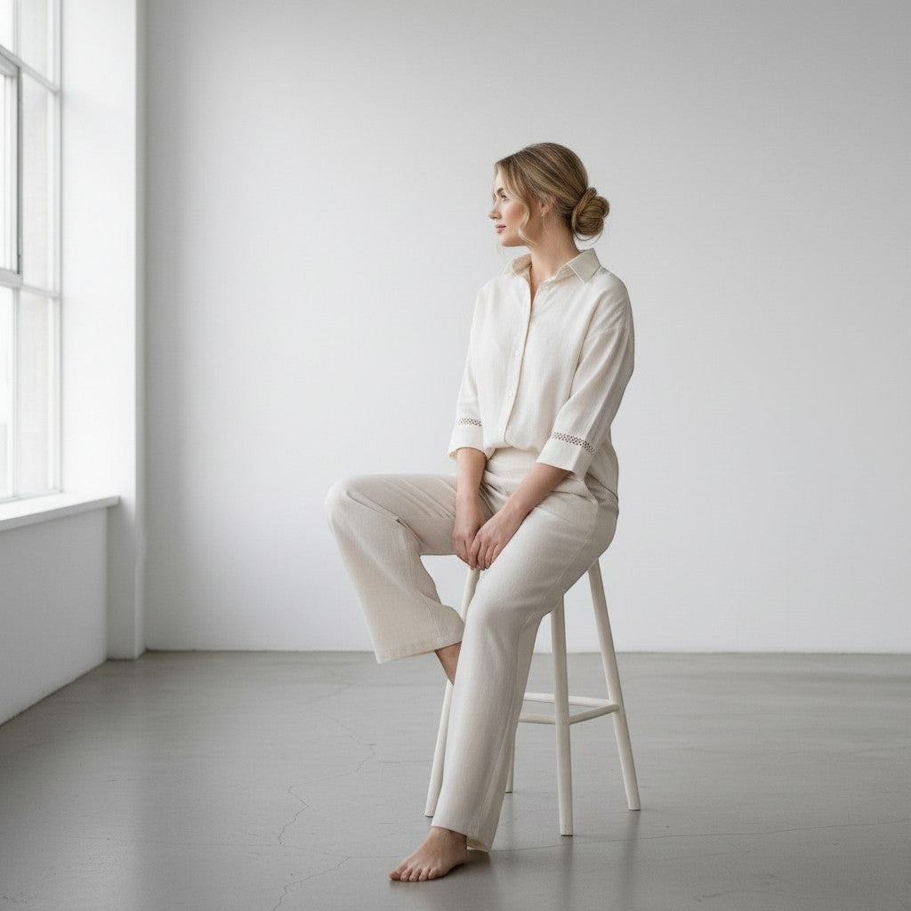 La Vie Continue ecru 100% cotton wide-leg pants and short-sleeve shirt set with eyelet details.