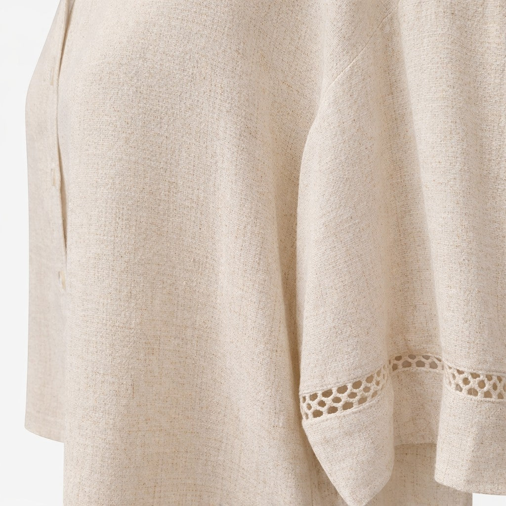La Vie Continue ecru 100% cotton loose-fit 2-piece set with short-sleeve shirt and wide-leg pants featuring crochet trim.