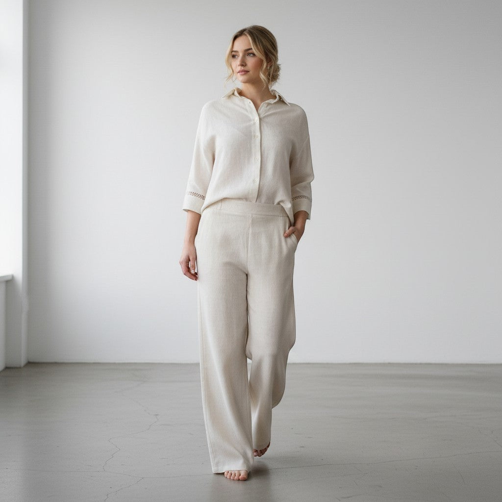 La Vie Continue ecru 100% cotton wide-leg pants and short-sleeve shirt set with lace detail on sleeves.