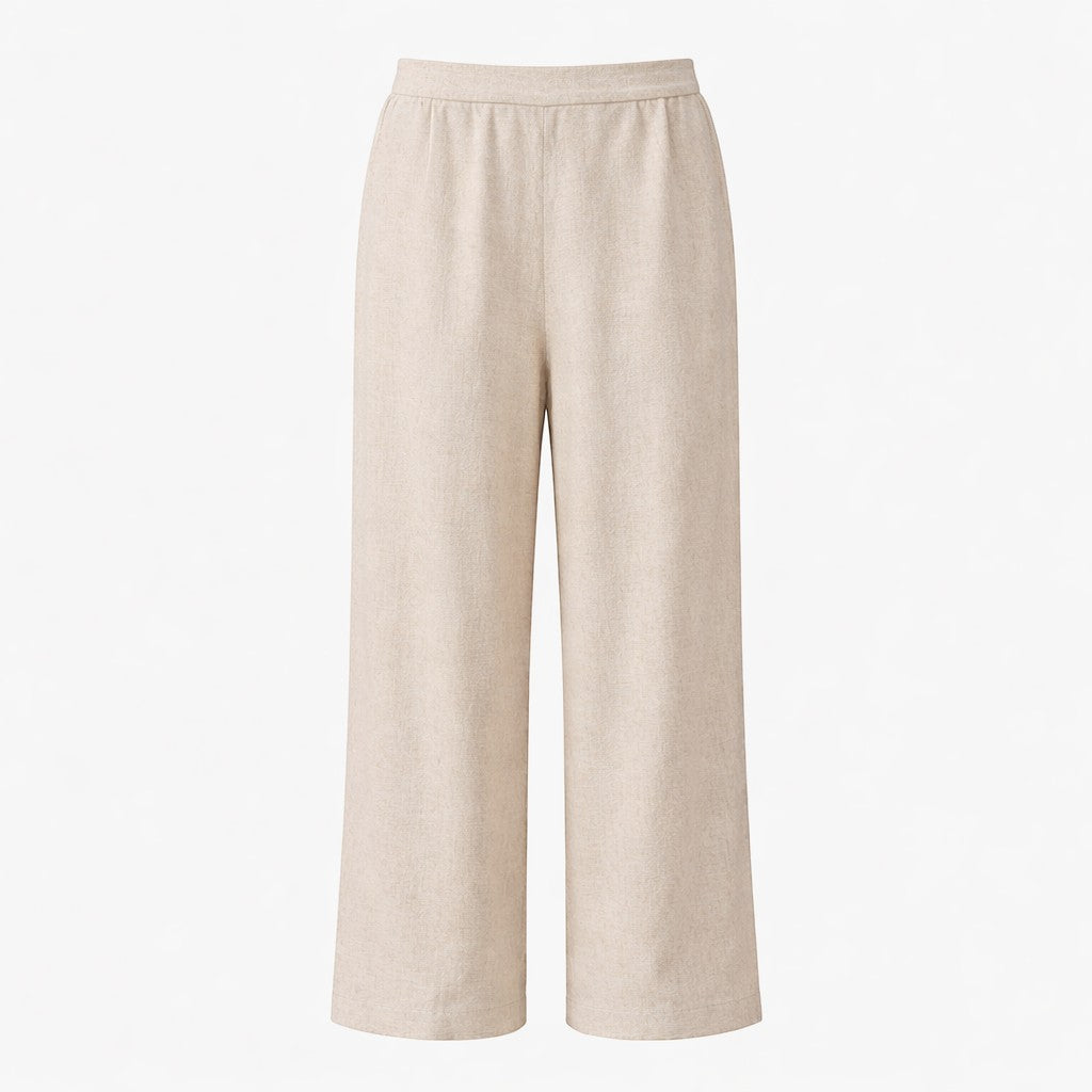 La Vie Continue ecru 100% cotton wide-leg trousers with elasticated waistband.