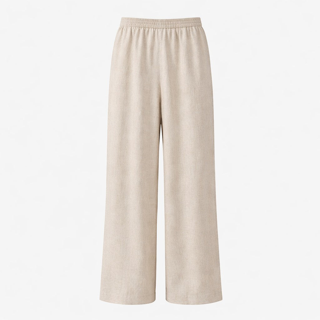 La Vie Continue ecru wide-leg 100% cotton trousers with elastic waistband, perfect for warm weather.
