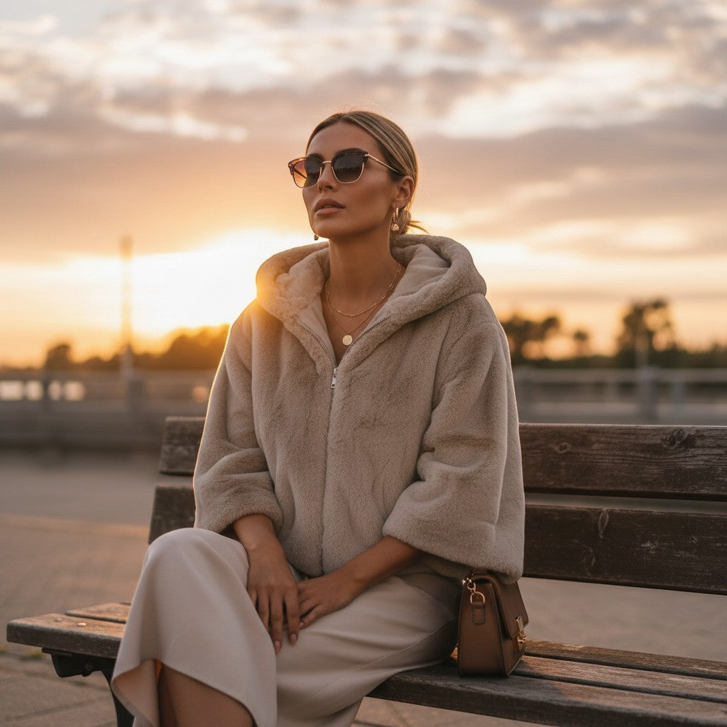 La Vie Continue ecru hooded faux fur jacket with zip closure and pockets, worn by a woman sitting on a bench at sunset.