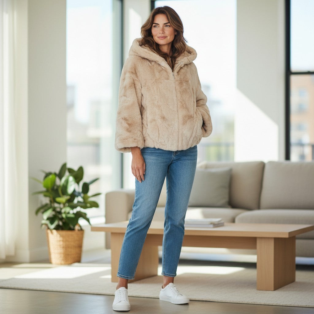 La Vie Continue ecru faux fur hooded jacket with zip front and pockets, worn by a woman with blue jeans.