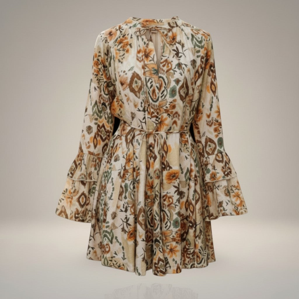 La Vie Continue short floral print dress with flared sleeves and tie waist in cream, brown, and green.