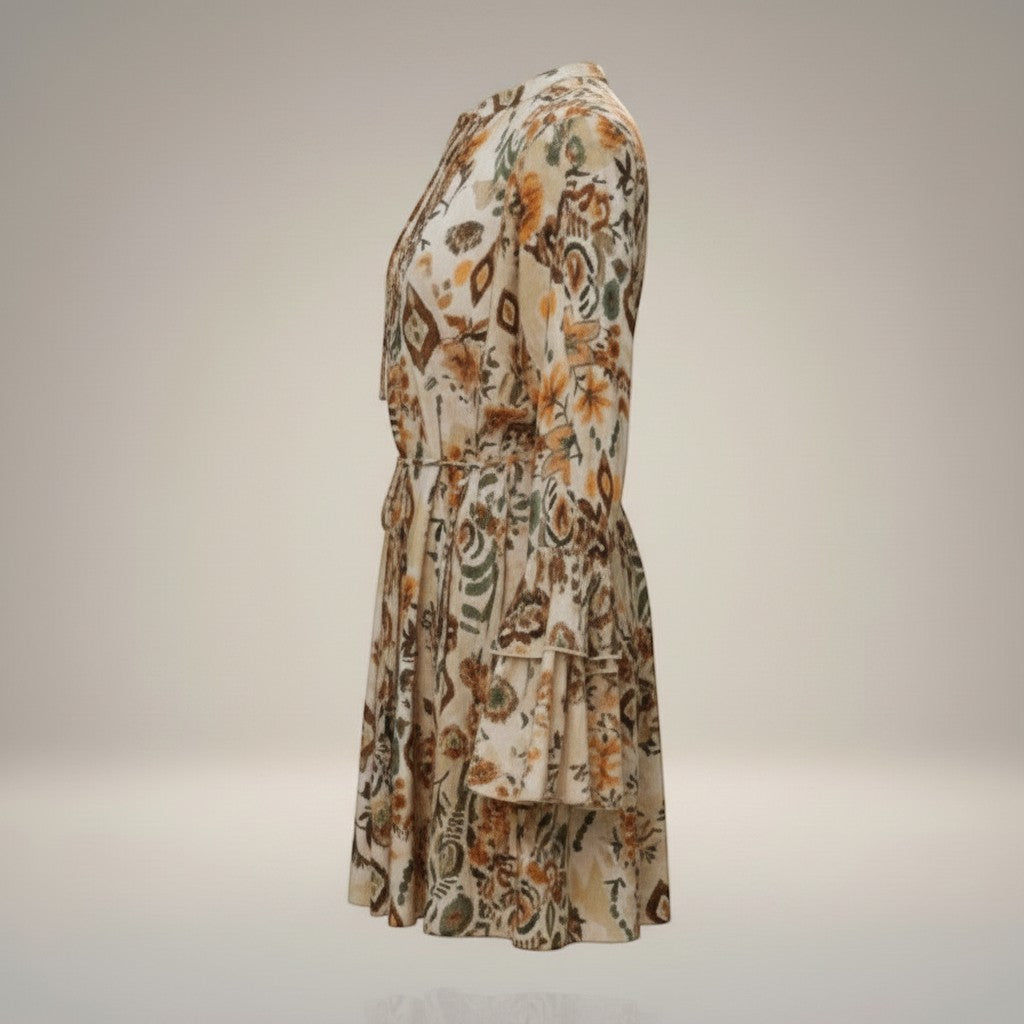 La Vie Continue short floral print dress with long flared sleeves and a tie waist. Cream, brown, and green pattern.