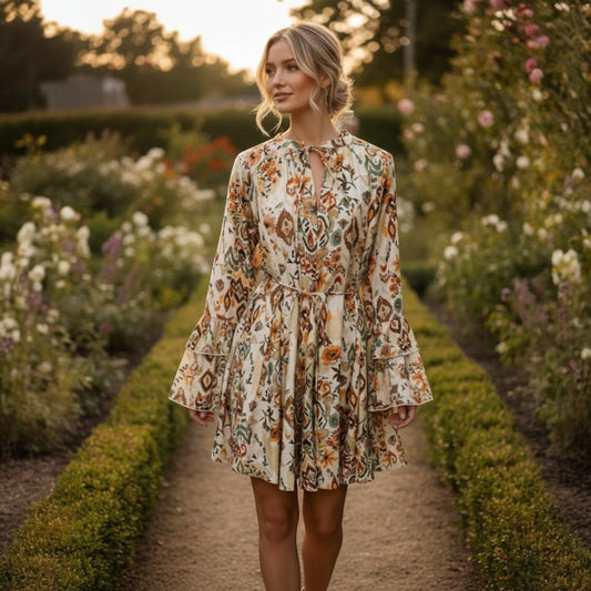 La Vie Continue natural floral print short fluid dress with long flared sleeves and a tie neckline, worn by a woman in a garden.