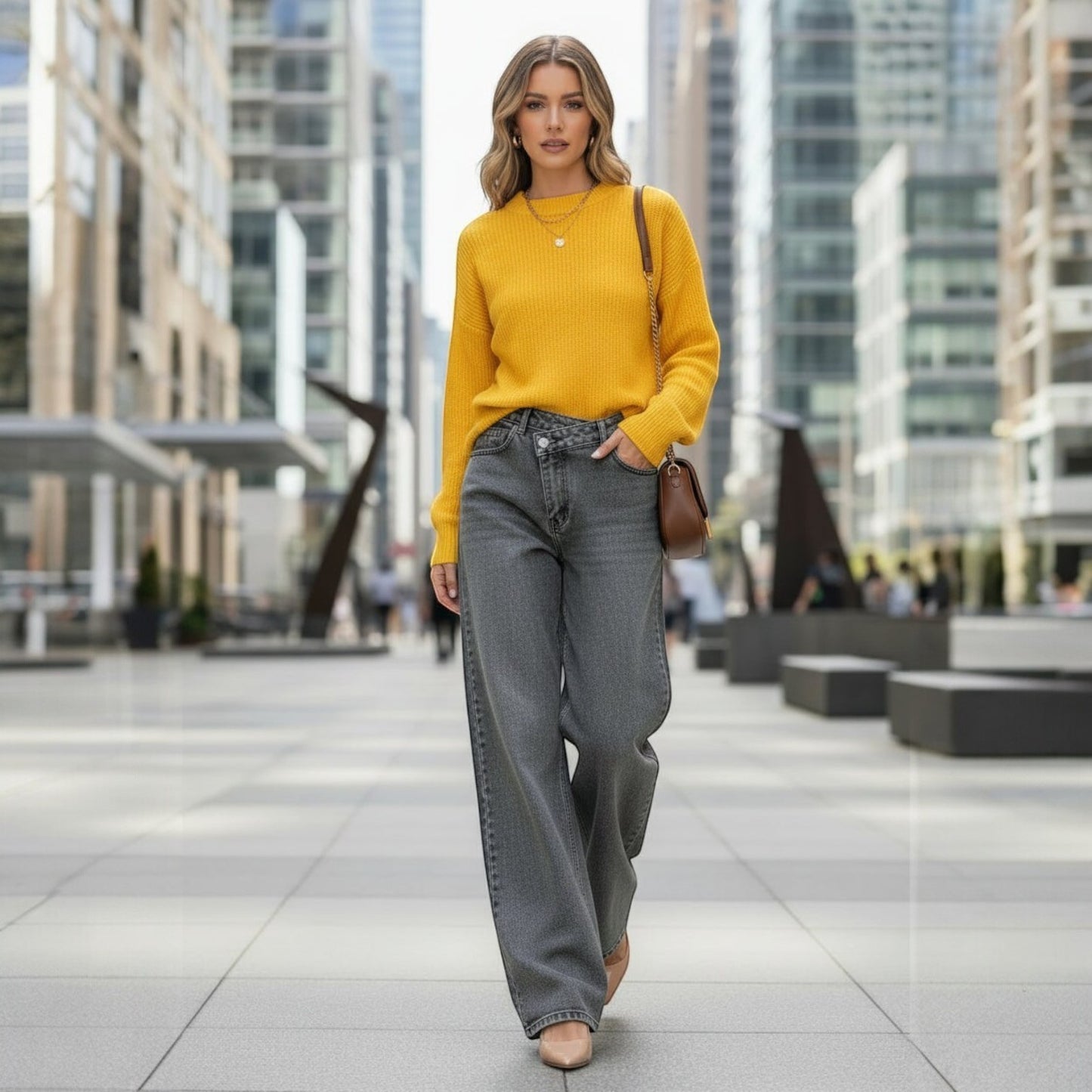 La Vie Continue grey wide leg jeans with crossover waist and asymmetric button closure, worn by a model outdoors.