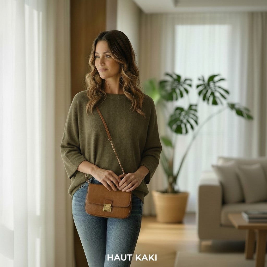 La Vie Continue women's loose-fit khaki green knit sweater with wide sleeves and a round neck, paired with blue jeans and a tan crossbody bag.