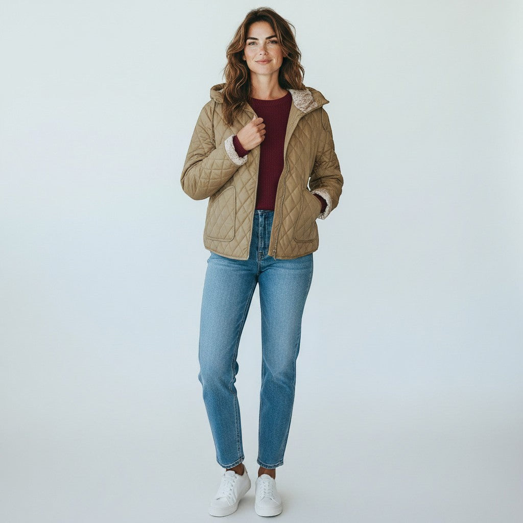 La Vie Continue Giovanni Paris khaki quilted jacket with diamond pattern and sherpa-lined hood worn by a woman.