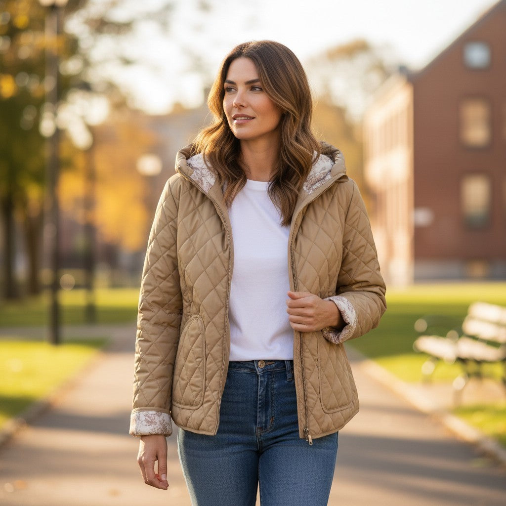 La Vie Continue Giovanni Paris khaki quilted jacket with diamond pattern, hooded, lightweight polyester, worn by a woman with jeans.