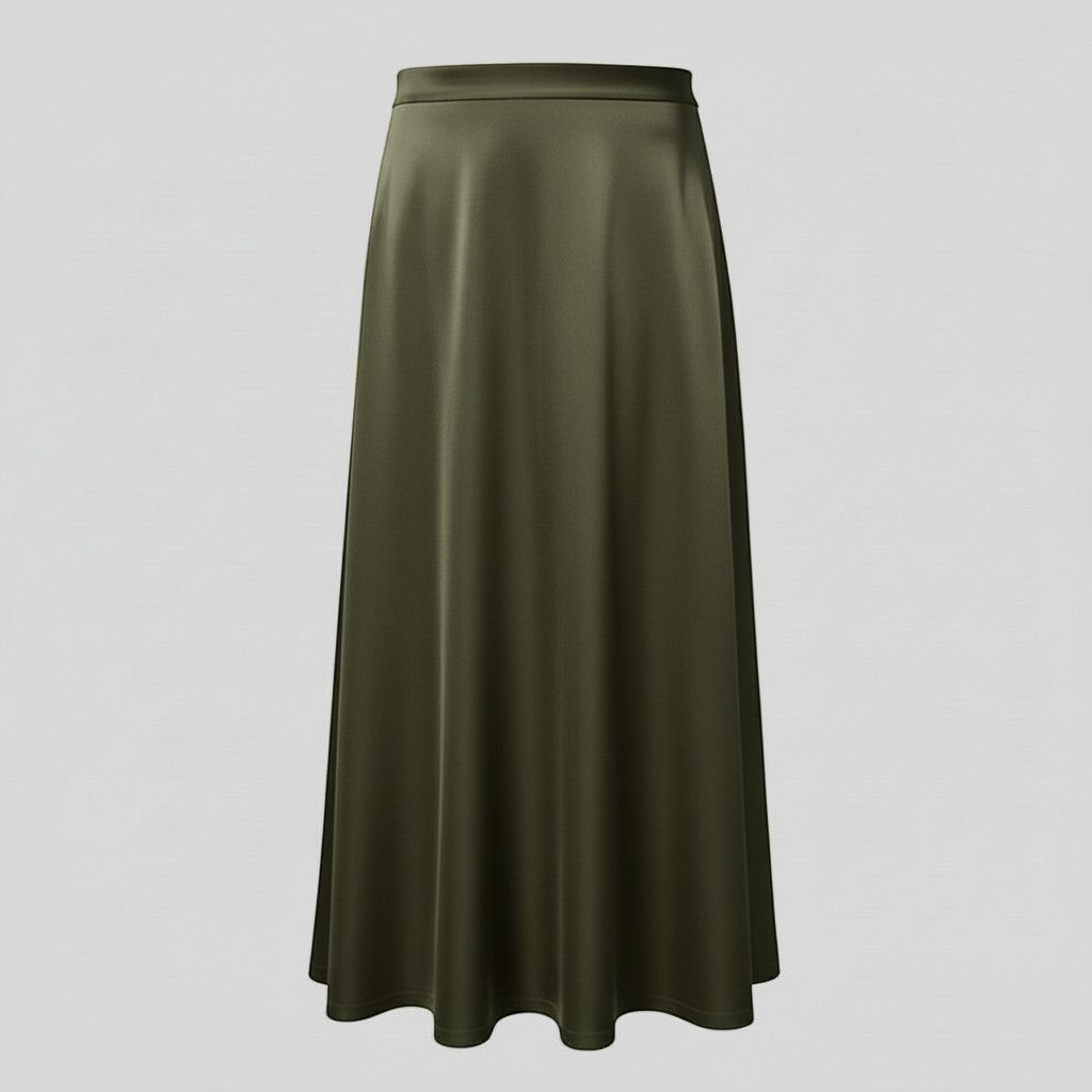 La Vie Continue khaki satin maxi skirt with a fluid drape and subtle sheen. Elegant, feminine, and versatile.
