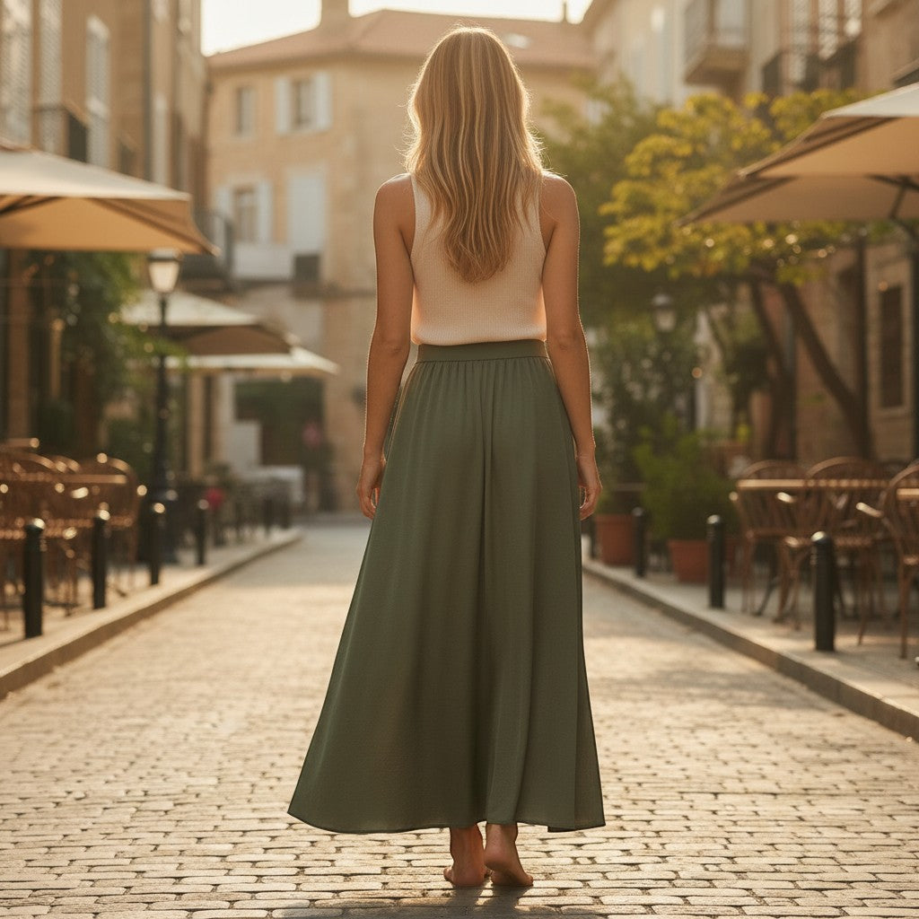 La Vie Continue khaki satin maxi skirt on a woman walking down a cobblestone street in a European town.