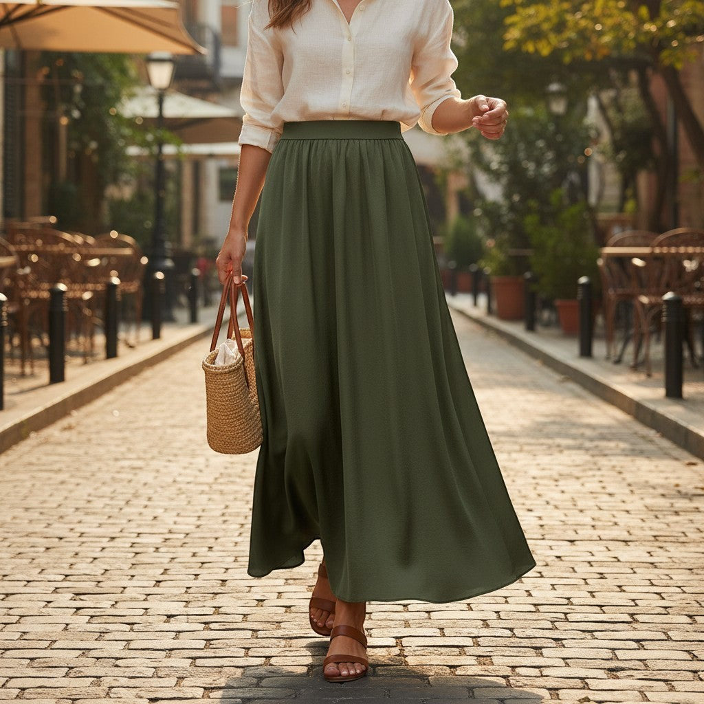La Vie Continue Emi jo khaki satin maxi skirt with elastic waist and flowing A-line silhouette.