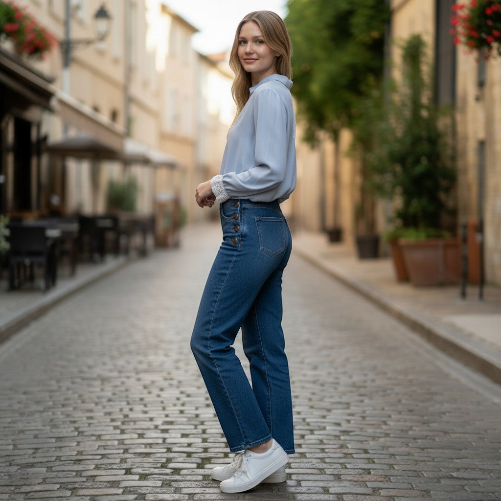 La Vie Continue light blue viscose-Tencel blend blouse with lace trim on cuffs and collar, worn by a model on a cobblestone street.