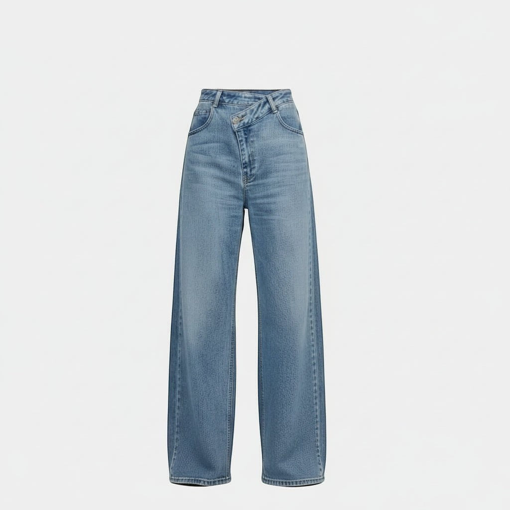 La Vie Continue light blue wide leg jeans with asymmetric button closure and crossover waist, made from cotton blend.