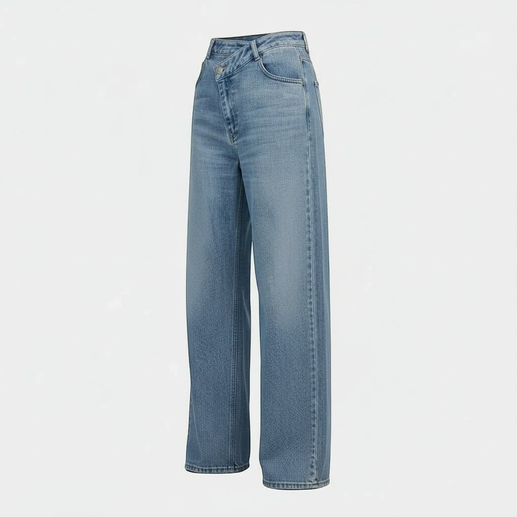La Vie Continue light blue denim wide-leg jeans with asymmetric button closure and criss-cross waist.
