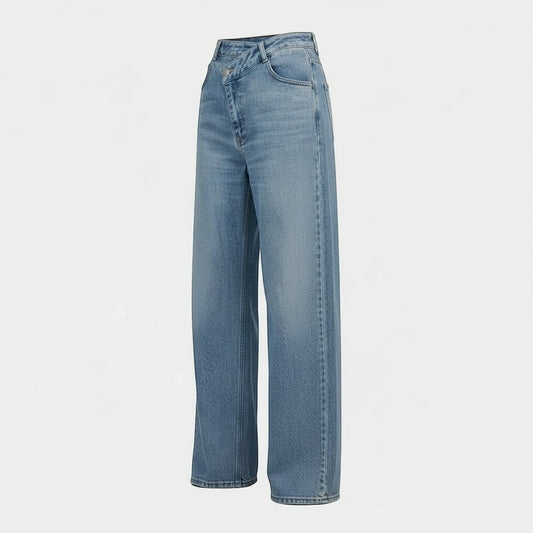 La Vie Continue light blue denim wide-leg jeans with asymmetric button closure and criss-cross waist.