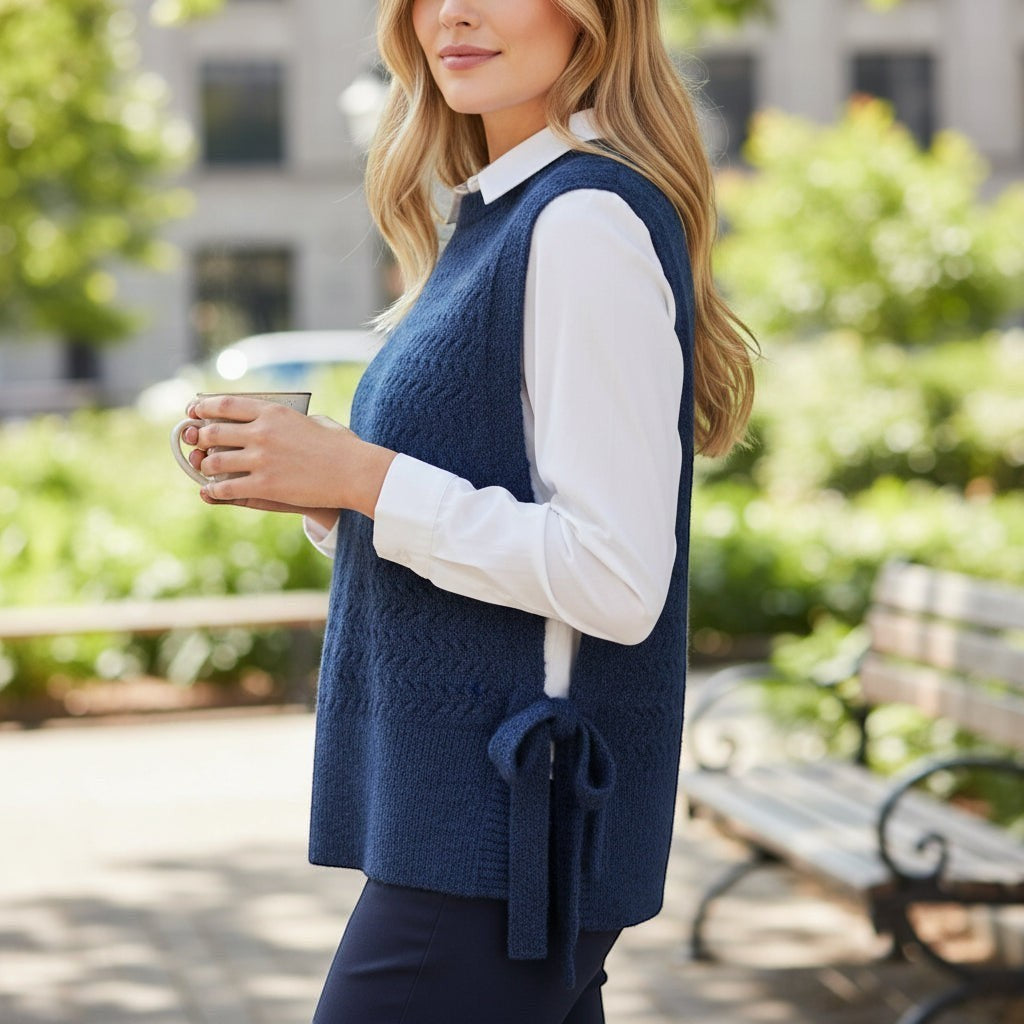 La Vie Continue navy blue knit vest with cable detail and side ties, worn over a white shirt.