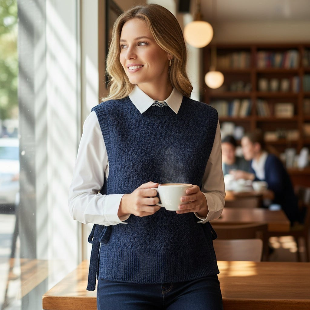La Vie Continue navy blue knit vest with tie sides, round neck, and textured pattern, worn over a white shirt.