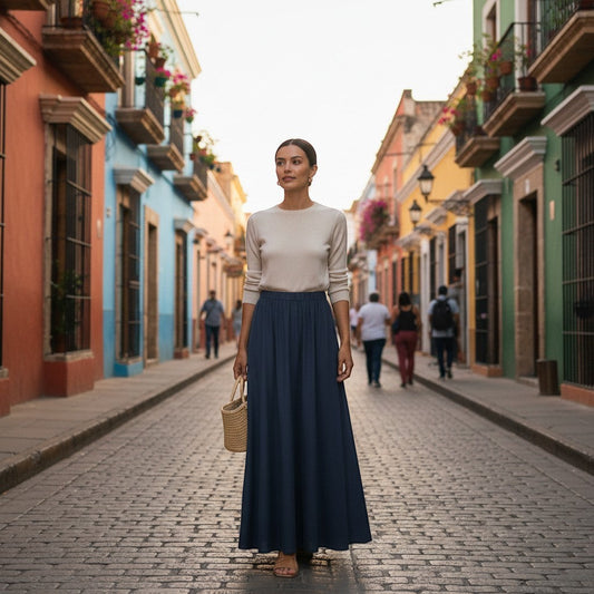 La Vie Continue navy blue linen-viscose blend maxi skirt with a fluid A-line silhouette, worn by a woman on a cobblestone street.