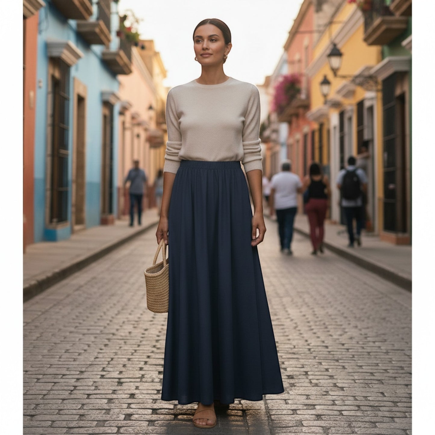 La Vie Continue navy blue linen-viscose blend maxi skirt with a fluid A-line silhouette, worn by a model on a cobblestone street.