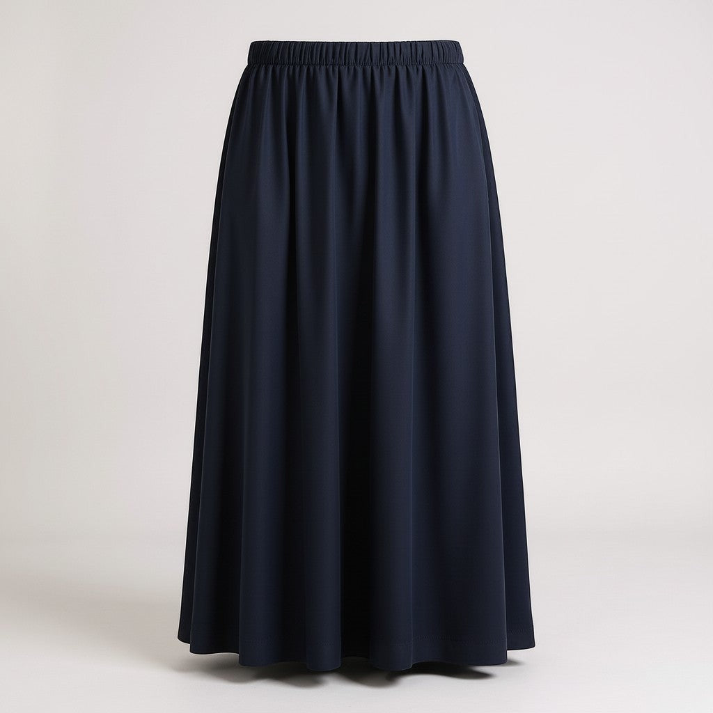 La Vie Continue navy blue long flowing skirt made of viscose and linen blend with an elastic waistband.