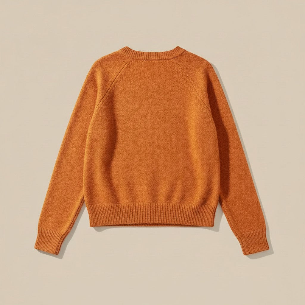La Vie Continue orange crew neck sweater with raglan sleeves and ribbed cuffs and hem. Soft knit fabric.