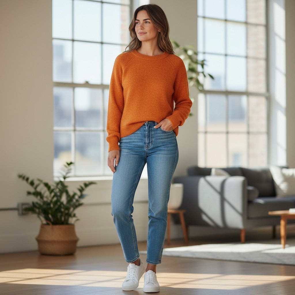 La Vie Continue orange crew neck sweater with ribbed cuffs and hem, worn by a woman with blue jeans.